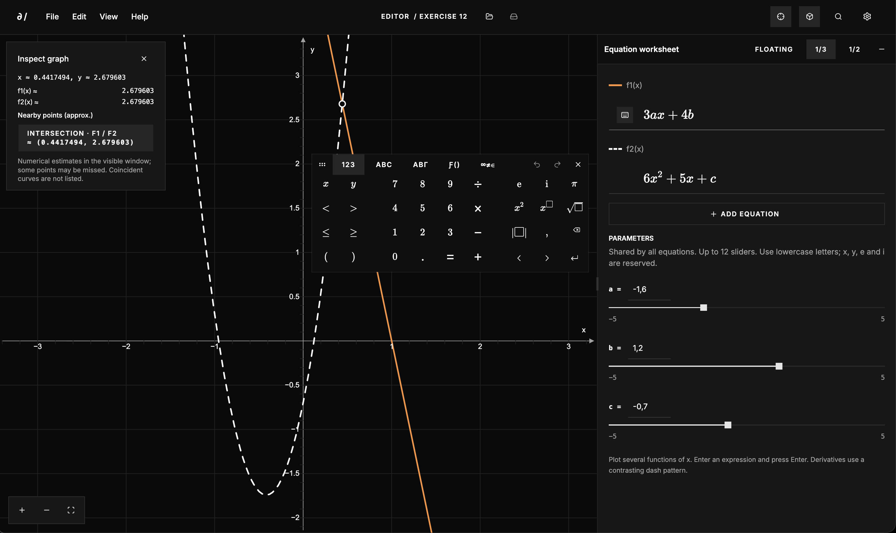 Calculus lab editor with two equations, parameter sliders, and their graphs.